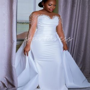 Plus Size Mermaid Pearls Wedding Dress With Detachable Train O Neck Illusion Long Sleeve Satin African Nigeria Bridal Gowns For Bride Country Beach Elegant Mariage