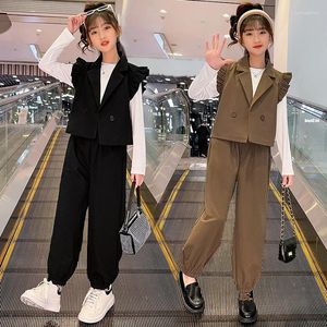 Clothing Sets 2023 Spring And Autumn Middle-aged Girls Lapel Double Breasted Solid Color Vest Three-piece Suit Trendy Fashion