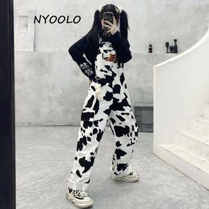 Kvinnors jumpsuits Rompers Nyoolo Harajuku Streetwear Hip Hop Cow Pattern Plaid overaller kvinnor avslappnade lösa stora fickor ärmlös jumpsuit