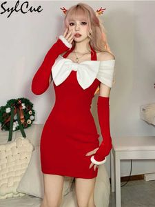 Party Dresses Christmas Festive Red Bright Bow Mature Sexy Glamour Slim Hot Feminine Pure Desire Women Halter Dress Girl 230322