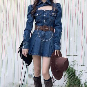 Vestidos casuais 2023 conjuntos femininos Autumn moda Denim Denim Caustra High Jackets de manga longa 2 peças conjunto Y2K Streetwear
