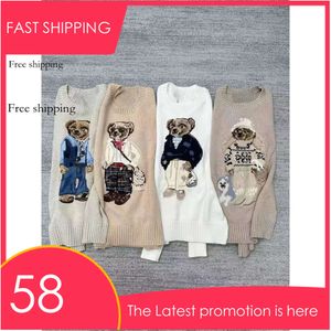 Women's Sweaters Rl Cartoon Bear Embroidery Fashion Long Sleeve Knitted Pullover Wool Cotton Soft Unisex Knit jj