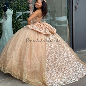 Lüks Altın Quinceanera Elbiseler Prenses Tweetheart Beyaz Çiçek Vestidos De 15 Anos On altı Doğum Günü Sequin Sweet 16 On beş XV Elbise Debutante Primdress 2024