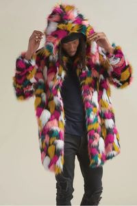 Męskie kurtki Rainbow Color Faux Fur Płot Para nosza zima ciepła gruba kurtka z kapturem Fłot Furry Long Rękaw Chic Cardigan 231115