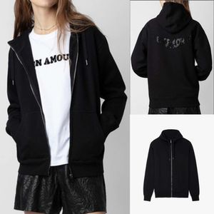 Zadig Voltaire Yeni Sıcak Kadınlar Kapşonlu Ceket Niş Niş Tasarımcı Moda Trend Sweatshirt Hoodie Vintage Arka Kanat Pırlanta Siyah Peluş Zippered Hoodies Süveter Top ZV