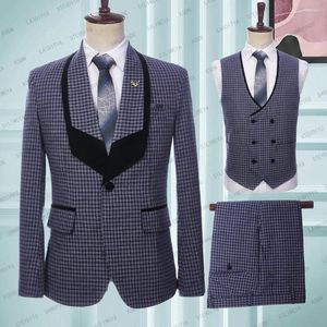 Men's Suits 2023 Fashion Men's Linen Big Black Collar Casual Dark Blue Plaid Male One Button 3 Pcs Set Blazers Jacket Pants Vest