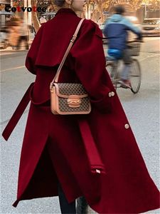 Casaco feminino de lã falsa, casaco de lã vermelho outono inverno 2023 vintage com gola virada para baixo, casaco longo de manga casual, jaqueta dupla breasted 231115