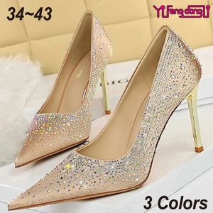 Dress Shoes 17189-5 Fashion Sexy High Heels Slim Heels High Heels Shallow Mouth Pointed Satin Shining Rhinestone Women's Shoes 231116