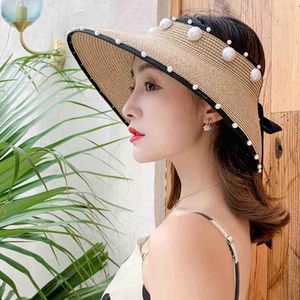 Wide Brim Hats 4Color Imitation Pearl Foldable Straw For Women Ladie Empty Top Large Visor Cap Adjustable Beach UV Protction Hat