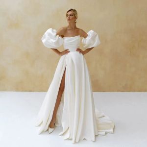 Classy Long Wedding Dresses Strapless Satin Pleats Puffy Sleeves with Slit A Line Sweep Train Party Gowns