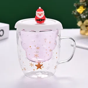 Wine Glasses 300ml Christmas Theme Pink Green Blue Grey Double Wall Glass Cup With Silicone Lid Snow Man Tree Santa Decor 1 Piece