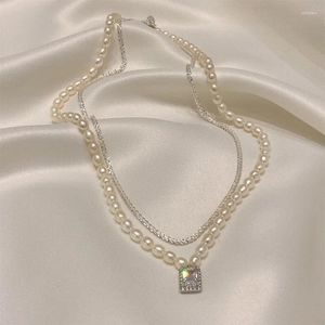 Pendant Necklaces Freshwater Pearl Double Layer Necklace Square Crystal Collarbone Chain Delicate And Elegant Temperament For Women