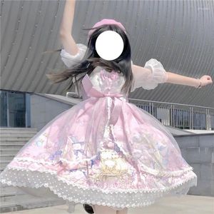 Swobodne sukienki japońskie słodkie lolita w stylu miękka dziewczyna sukienki kawaii kreskówki niedźwiedź impreza marszczyków bez rękawów koronka jsk