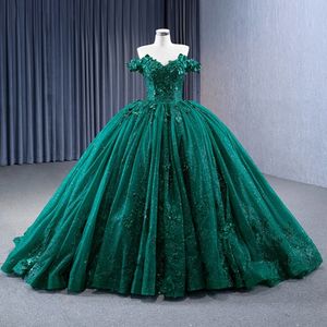 Emerald Green Sequined Appliques Quinceanera Dress Ball Gown Off the Shoulder Flower Beading Corset Vestidos de Quinceanera