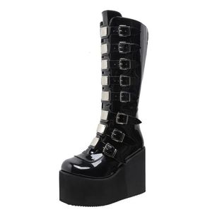 Botas de marca design feminino cunhas salto alto joelho preto plataforma bota gótico cosplay sapatos botas femenina 231116