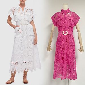 Hollow out dress French water-soluble lace embroidered shirt skirt with lapel single breasted chest pocket and waistband dress long skirt