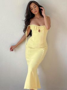 Casual Dresses Elegant Yellow Evening Mermaid Maxi Fashion Hollow Out Ruched Corset Praty Backless Summer Bodycon Long Dress