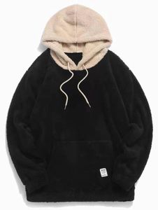 Herrtröjor tröjor fluffiga hoodie tröja höst faux päls långärmad säsong avslappnad fast färg dragsko färgblockerande sömmar