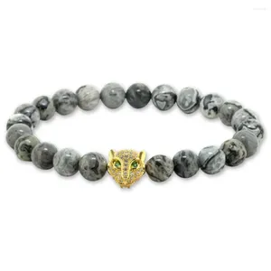 Charm Bracelets 2023 Top Quality Jewelry Wholesale 8mm Grey Veined Picture Natural Stone Bead Macro Inserts Zircon Leopard Mens