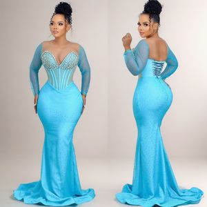 2023 Mint Evening Dresses Simple Styles Long Tulle Sleeves Prom Dress Crystals Sequined Mermaid Party Gowns Pagant Dinner Party Gown