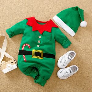 Комбинезоны, рождественская одежда для малышей, весенне-осенний комплект зеленого цвета в стиле эльфа, хлопковая шапка с длинными рукавами для мальчиков и девочек 231115