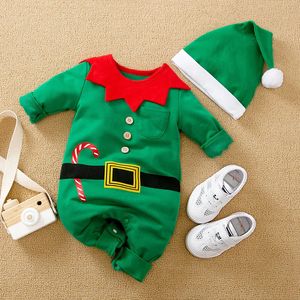 Strampler Weihnachten Babykleidung Frühling und Herbst Grüner Elfen-Stil Langarm-Baumwollhut-Set für Jungen Mädchen 231115