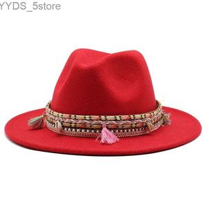 Breda randen hattar hink hattar kvinnor filt fedora hatt bred brim panama gentleman hattar med tofs 2022 yq231116