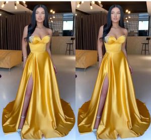 Gold Prom Dresses Crystals Beaded Applique Side Slit Sweetheart Neckline Floor Length Custom Made Ruched Evening Party Gowns Vestidos Plus Size