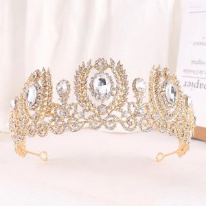 Hårklipp barock vintage gyllene kristallblad brud tiaras krona strimmeston tävling diadema krage headpieces bröllopstillbehör