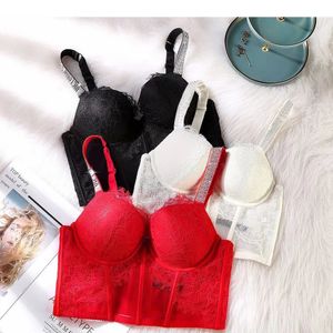 Sexy Set wholesale Lingerie Sexy Lace Rhinestone letters Bra Women Underwear Push Up Large Size Vintage Lace Corset For women Top Camis 231116