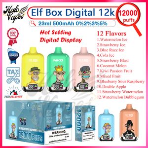 Elf Box original Digital 12000 Puff Disponível Vape 0.8Ohm Mesh Coil 23ml POD 500mAh Bateria recarregável Bateria 12k 0% 2% 3% 5% E Cigarros 12 Sabores em estoque vs Bang King 12