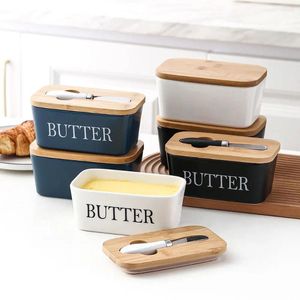 Storage Bottles Ceramic Butter Boxes Dishes Cheese Trays Vertical Containers Kitchen Food With Round Wooden Covers