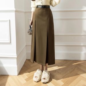 Skirts Autumn Winter Women Wool Korean Ladies Retro Woolen Suit Skirt Female Fashion High Waist Aline Long 231115