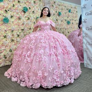 Розовые платья Quinceanera Платье с цветочным принтом, тюлевое вечернее платье с бисером и открытыми плечами, аппликации на шнуровке, бальное платье для выпускного со шлейфом