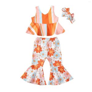 Kleidungssets für Kleinkinder, Kinder, Babys, Sommerausstattung, 3-teiliges Set, ärmellose, gestreifte Tanktops, florale ausgestellte Hosen, Stirnband, 6 M-5 T