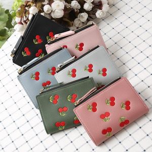 Wallets Fashion Brief Female Short Wallet PU Leather Cherry Embroidery Card Holders Black Gray Mini Bag 6 Colors