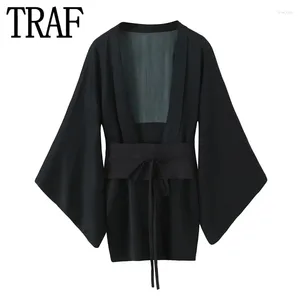 Women's Blouses 2023 Satin Kimono Women Black Long Sleeve Blouse Cardigan Belt Autumn Vintage Female Elegant Chic Woman Top