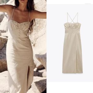 Casual Dresses 2023 Women Dress Fashion Linen Blend Bodysuit Design Feel Open Back Strap Sleeveless Woman Lady Female