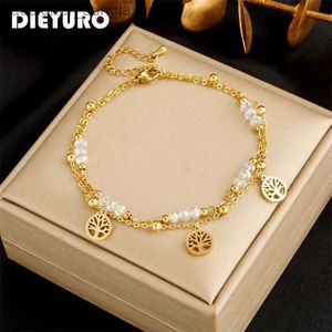 Hanekler Dieyuro 316L Paslanmaz Çelik Altın Renk Çift Katmanlı Ağaç Ağaç Kavramları Kadınlar için Yeni Trend Bacak Zinciri Su geçirmez Jewelryl231116