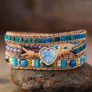 Strand Luxus Leder Wickelarmbänder Bling Blaues Herz Opal Jaspis 3 Stränge Statement Armband Handgefertigter böhmischer Schmuck Bijoux