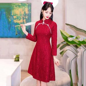 Ubranie etniczne 2023 Chińskie tradycyjne czerwone sukienka Qipao sceniczna wydajność nowoczesna ulepszona Cheongsam Autumn Long Sleeve