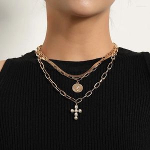 Pendanthalsband Punk Fashion Coin Pearl Cross Halsband för kvinnor dubbelskikt Tjocka kedjor Geometriska klavikel smycken gåva