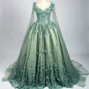 Luxury Sage Green Shiny Quinceanera Dresses Ball Gowns Applices Bow Pärlor med Cape Formal Party Dress Vestidos de 15 Quinceanera
