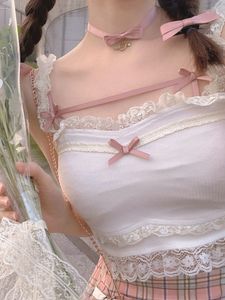 CAMISOLES TAKSY Róż Japońskie Kawaii Lolita Crop Top Women White Korean College Style Sweet Tank Bow Lace France Vset Vset Female 230414