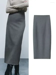スカートファッション女性オフィスフォーマルスカート2023春秋エレガントなスリムバックスリットミディグレーol