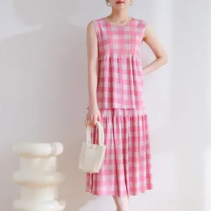 Work Dresses Miyake Pleated 2024 Spring/Summer Japanese Age Reducing Casual Style Loose Plaid Printed Sleeveless Tank Top Half Skirt Set