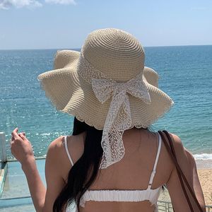 Wide Brim Hats Korean Straw Hat Women Lace Bow Large Foldable Sun Summer Seaside Beach Sweet Versatile Bome Bucket Cap