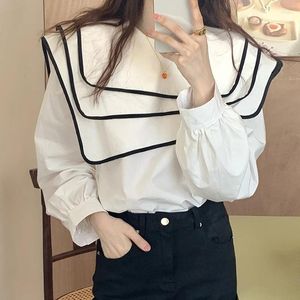 Women's Blouses Irregular Design Loose Long-sleeved Shirt Three Layers Navy Collar Tops 2023 Autumn Korean Chic Contrast Color Edge Blouse