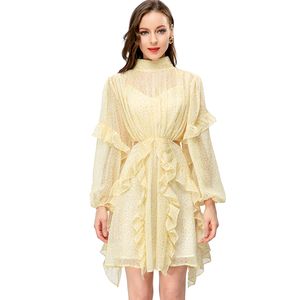 Kvinnors banor klänningar står krage långa ärmar prickar tryckta ruffles sida öppen sexig kort vestidos