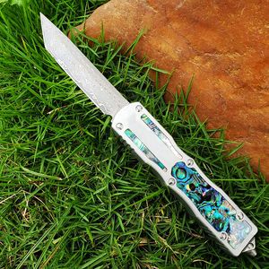 High End Damascus Auto Tactical Knife VG10 Damascus Steel Single Edge Tanto Point Blade 6061-T6 with Abalone shell Handle